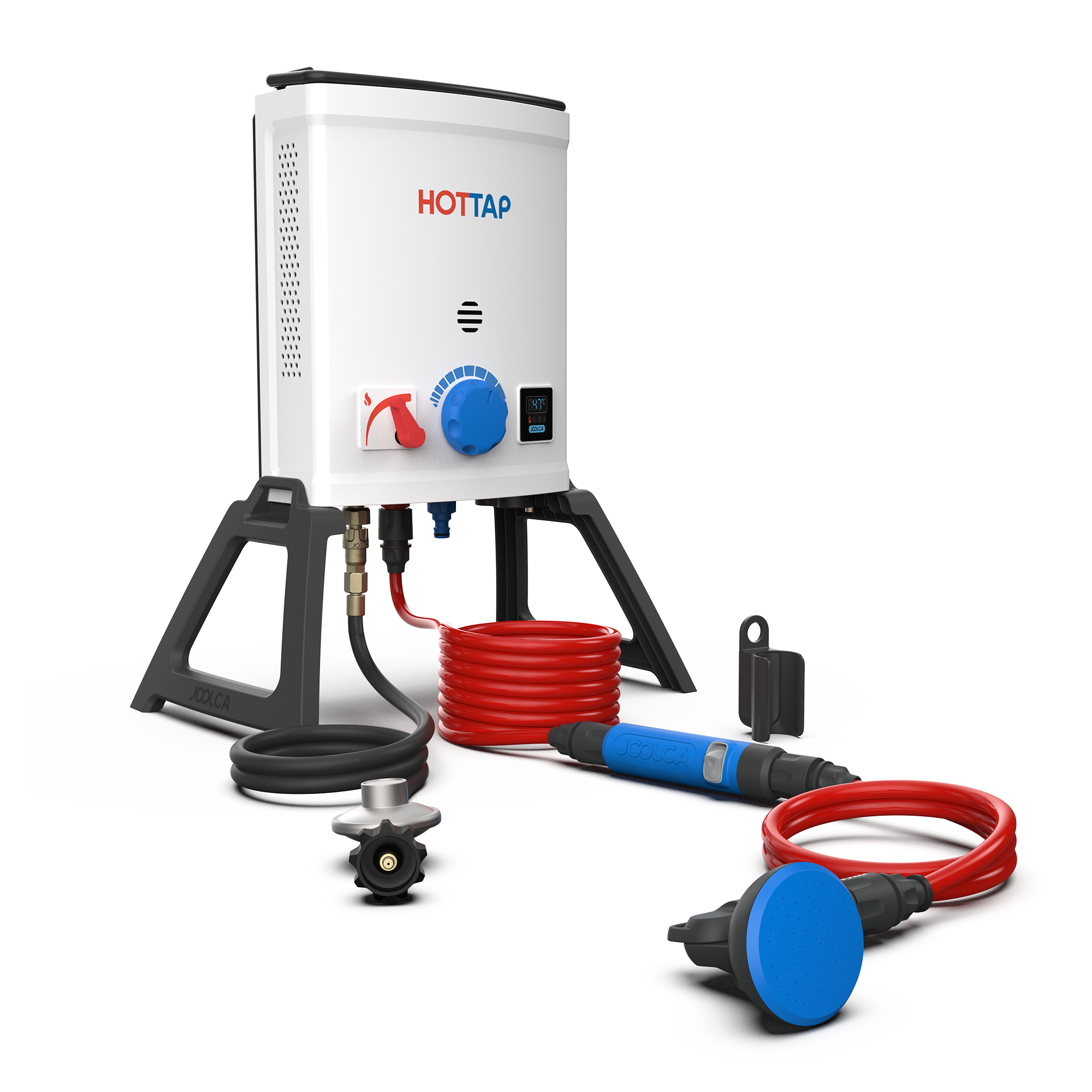 Compact portable outdoor hot water system with control knob, hoses, handheld shower head, and gas regulator for off-grid camping and outdoor hygiene solutions.