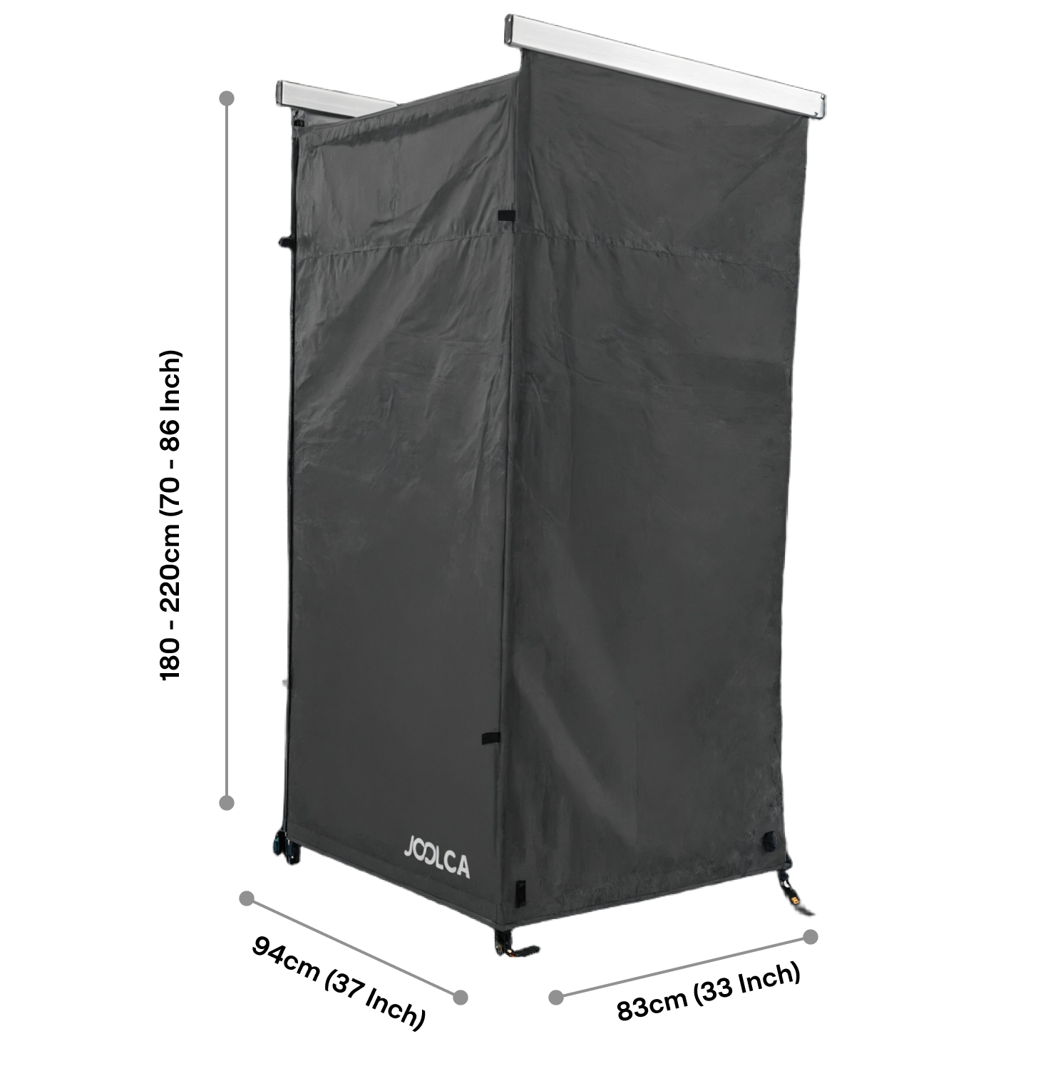 A freestanding black privacy tent with a rectangular frame, designed for outdoor use, featuring the Joolca logo near the bottom edge.