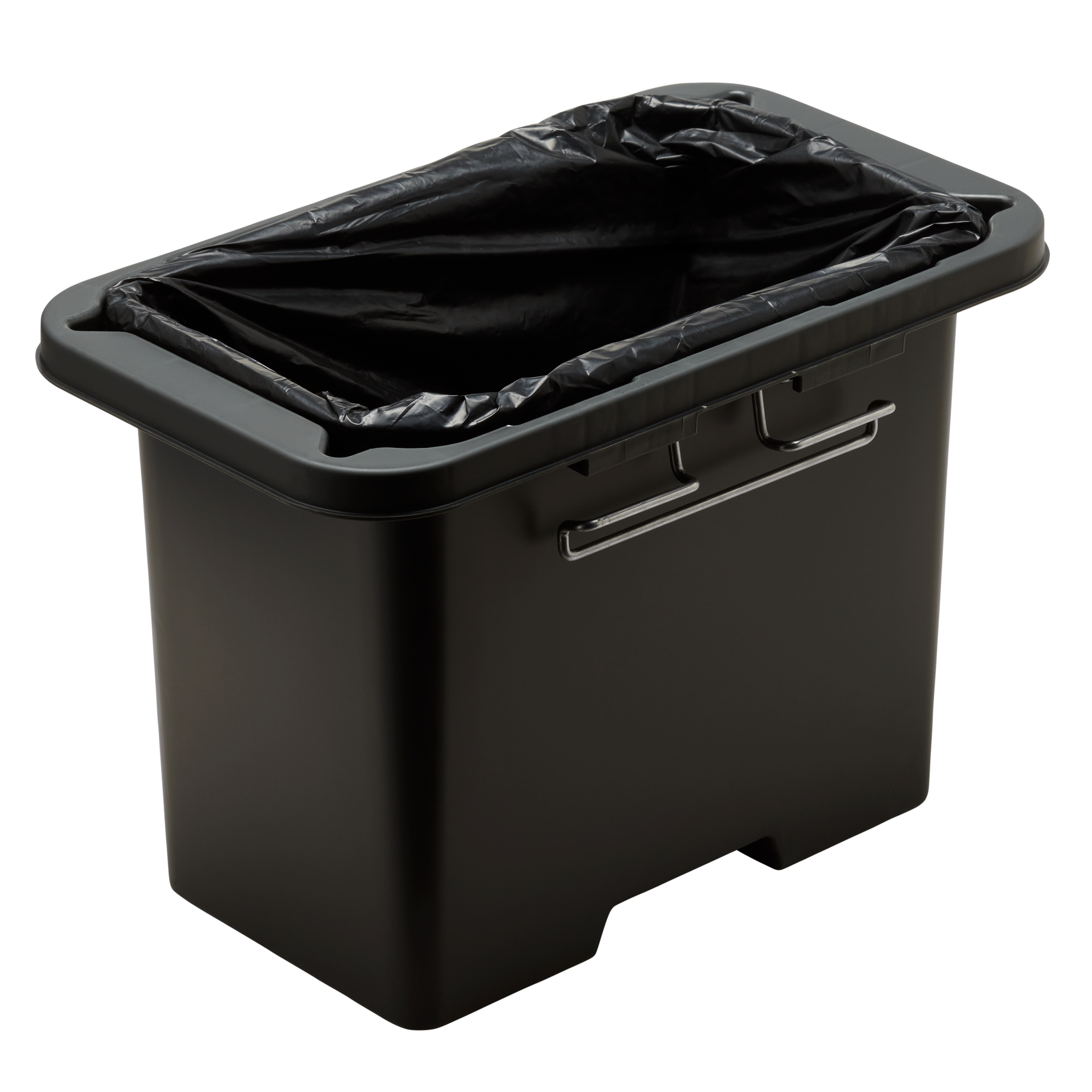 Black trash bin with a black liner on a white background
