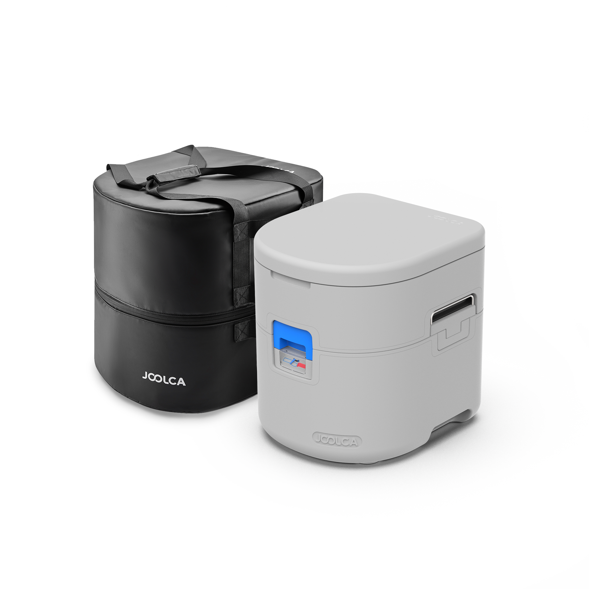 Joolca - GottaGo Outing Kit, the grey GottaGo separating toilet beside its black padded carry bag