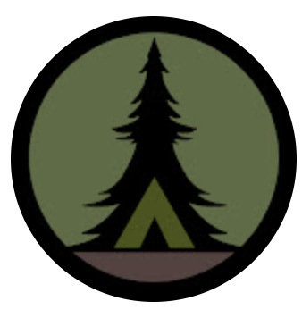 Circular logo with a dark green background featuring a stylized black pine tree above a green triangular tent shape, symbolizing outdoor camping and wilderness.
