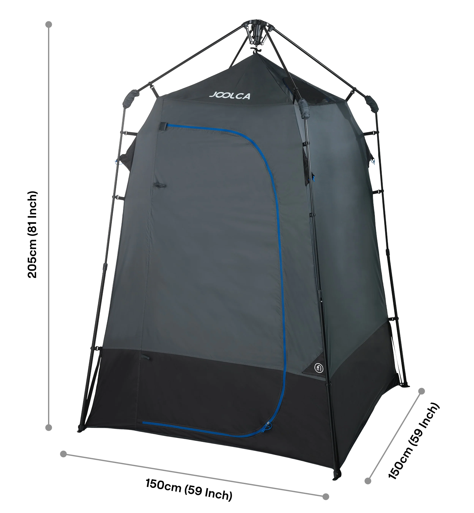 Dark gray freestanding privacy tent with black base and blue-trimmed door, supported by a black metal frame, designed for outdoor shower or portable bathroom use.