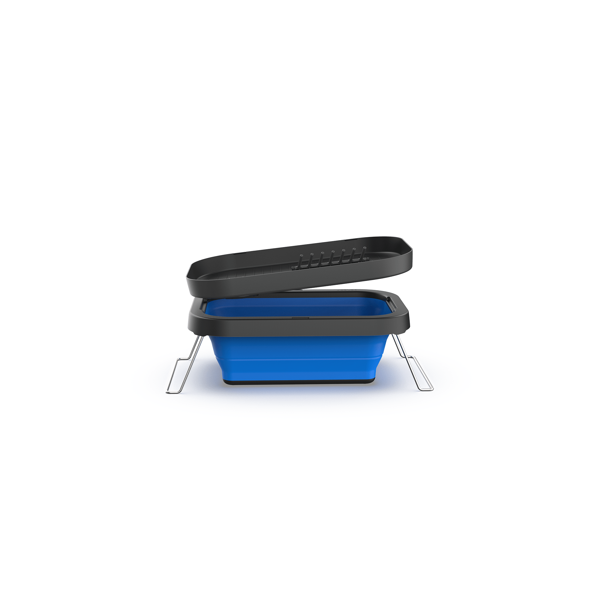 Joolca Flexi Sink with its black draining tray lid lifted off, showing the collapsible blue silicone basin